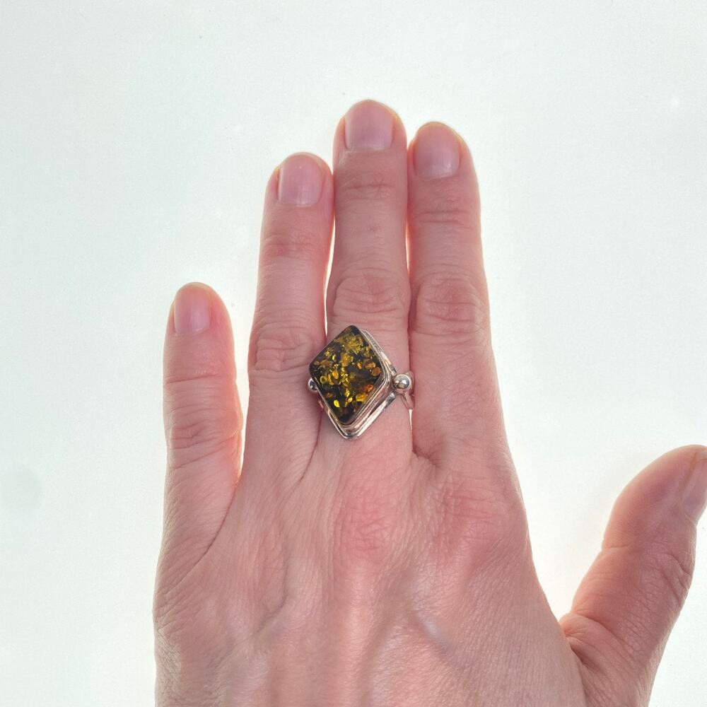 Polish Baltic Amber Ring 925 Sterling Silver Diamond Shape Size 7 Statement - Picture 2 of 12
